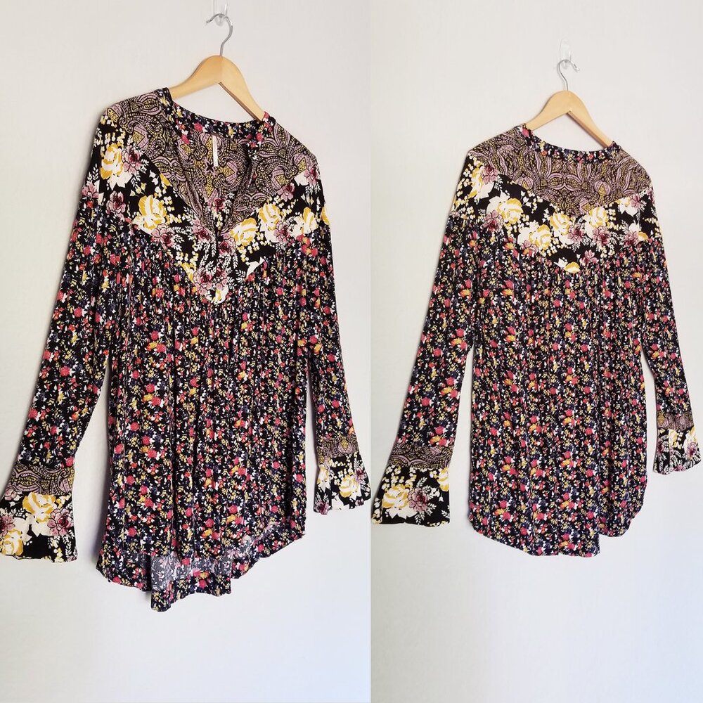 Free People Wildflower Fields Henley Top Tunic Blouse M $108 Black Ditsy Floral - Picture 16 of 16